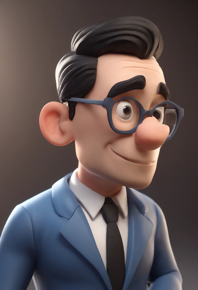 personagem dos desenhos animados de um homem de 45 anos, Short black hair with black glasses and a blue suit with light blue shirt in a law office animation character, Caractere estilizado, animation style rendering, 3D estilizado, Arnold Maya render, 3 d ...