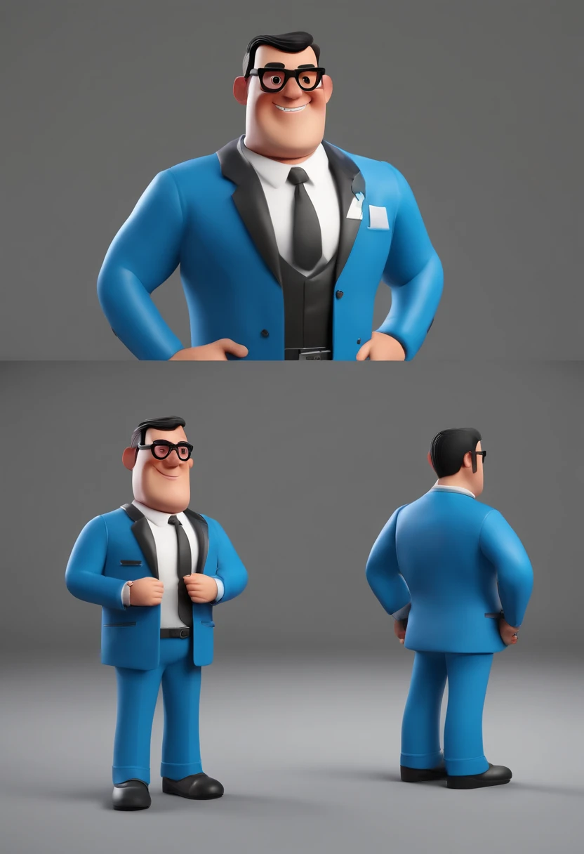 personagem dos desenhos animados de um homem de 45 anos, Short black hair with black glasses and a blue suit with light blue shirt in a law office animation character, Caractere estilizado, animation style rendering, 3D estilizado, Arnold Maya render, 3 d ...