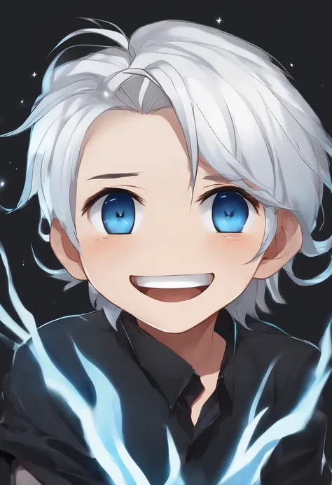 chibi  white hair, blue eyes, black shirt, laughing hard  , transparent background