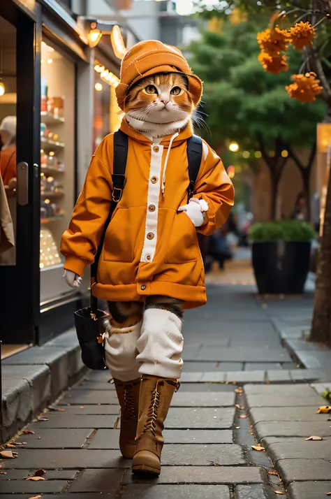 maomi，tmasterpiece，best qualtiy，a cute orange kitten，wear autumn fashion，booties，cute hats，pleasant expression，walk the streets ...