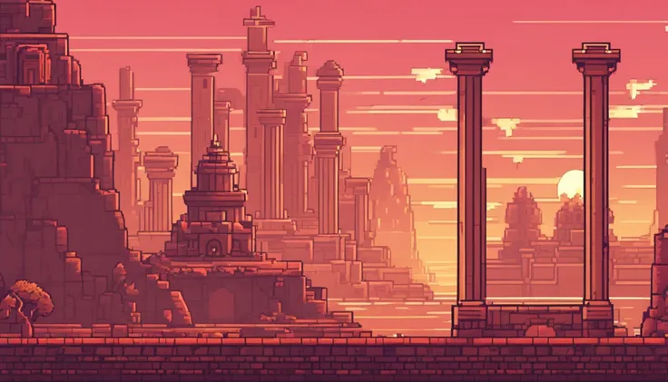 a close up of a video game with a tower and a man, ancient ruins background, neon ancient ruins, detailed game art, city ruins background, background is the ruins, 2 d game art, 2d game art, ultra detailed game art, background art, dungeon background, 2 d ...