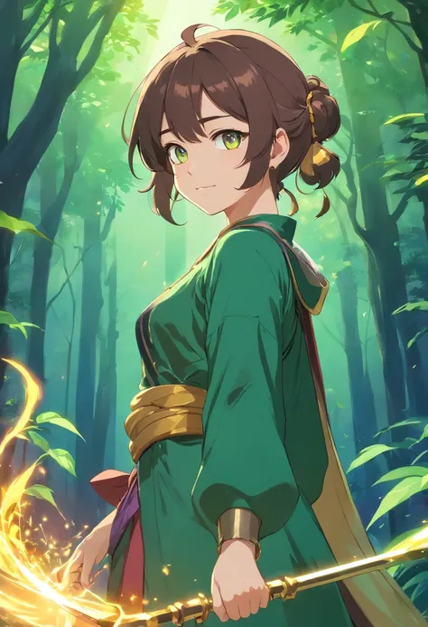 A  girl, Medieval armor in dark green, Around the neck is a transparent purple scarf, Her brown hair is tied up in two buns on top of her head, violet eyes, Eye makeup lined with red, On the ears are gold earrings without stones, There is a pouch on the be...