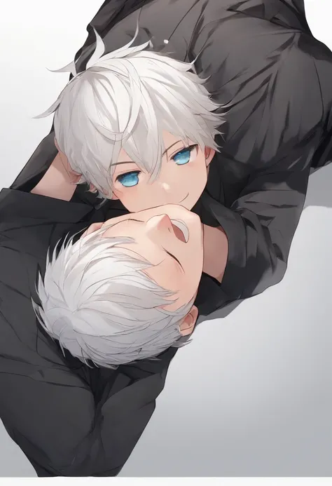 chibi boy white hair, blue eyes, black shirt, laughing hard hands on belly , transparent background