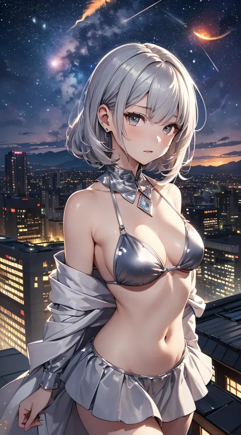 top-quality、Top image quality、​masterpiece、girl with((sixteen years old、Best Bust、small tits,beautiful silver eyes、Breasts wide open,Silver-haired shorthair、Bundled hair、A slender、Large valleys、Silver Bikini、Silver dress,Slouching posture、Silver short skir...