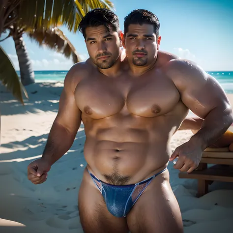 ((2heads)),**render**: chubby,1man, full body, rich thighs, Cuban,  very wide torso,  Rendered in highly detailed 4K, Get caught up in intense moments at the beach. Shaking fist, The luster of skin and detailed features stand out. The background is vivid w...