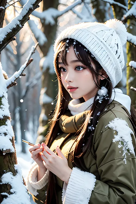 a lovely painting of a girl in the forest with light snow falling,