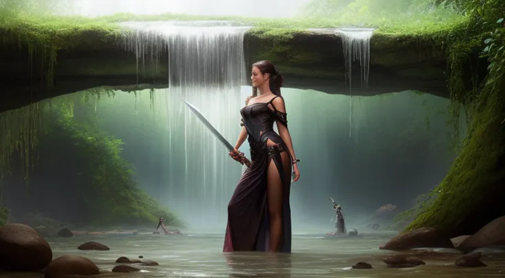 lady of the lake, a fey woman partially submerged, arms outstretched (((holding excaliber sword horizontaly))), water dripping o...