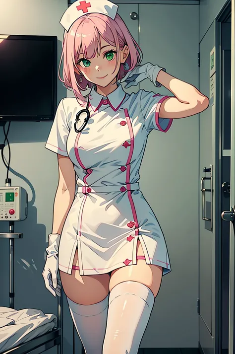 1girl, solo, nurse, nurse cap, white wear, ((white legwear, zettai ryouiki)), white gloves, pink hair, green eyes, drooping eyes, smile, standing, ((hospital room)), sharp outline, short sleeves, best quality, masterpiece