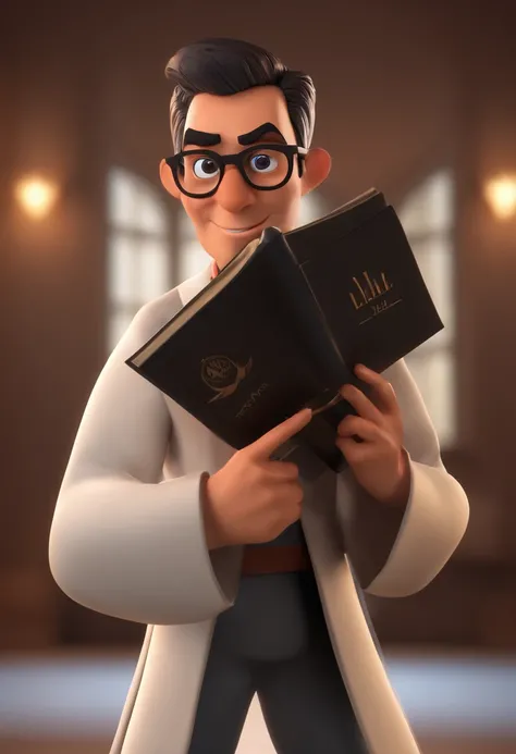 Cartoon character of a man with black glasses, cabelo liso marrom escuro e um kimono preto de jiu-jitsu faixa preta, with the Bible in His hand , animation character, Caractere estilizado, animation style rendering, 3D estilizado, Arnold Maya render, 3 d r...