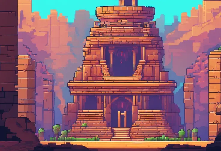 a close up of a video game with a tower and a man, ancient ruins background, neon ancient ruins, detailed game art, city ruins background, background is the ruins, 2 d game art, 2d game art, ultra detailed game art, background art, dungeon background, 2 d ...