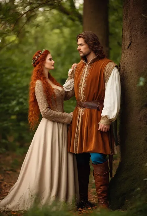 Um homem castanho claro e uma mulher ruiva vestida com roupas medievais posando para uma pintura, como um personagem de fantasia medieval, em um jardim