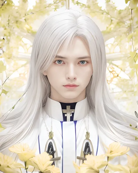 man, long white hair, yellow eyes, priest outfit, 27 years old