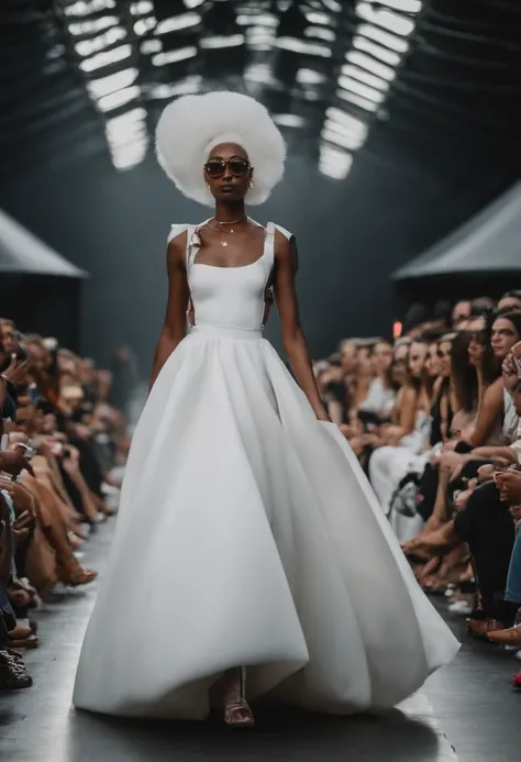 Araffe dressed in white walking down a catwalk with a crowd of people, a portrait by Andrée Ruellan, Unsplash, afrofuturismo, desfile brutalista, na pista, afropunk, passarela de desfile de moda, desfile futurista, figurino premiado, estilo afrofuturismoo,...