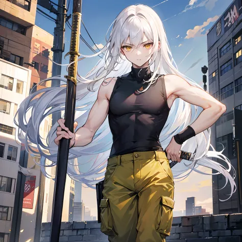 high quality image, a 25 year old man, sleeveless shirt, cargo trousers, carrying a long sword, long white hair, sharp yellow eyes, in the middle of a busy city