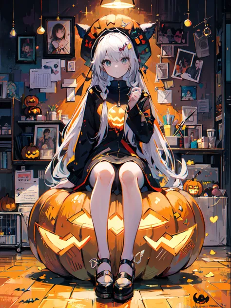 girl with orenge tied hair and a pumpkin hat, sit pose, halloween theme,