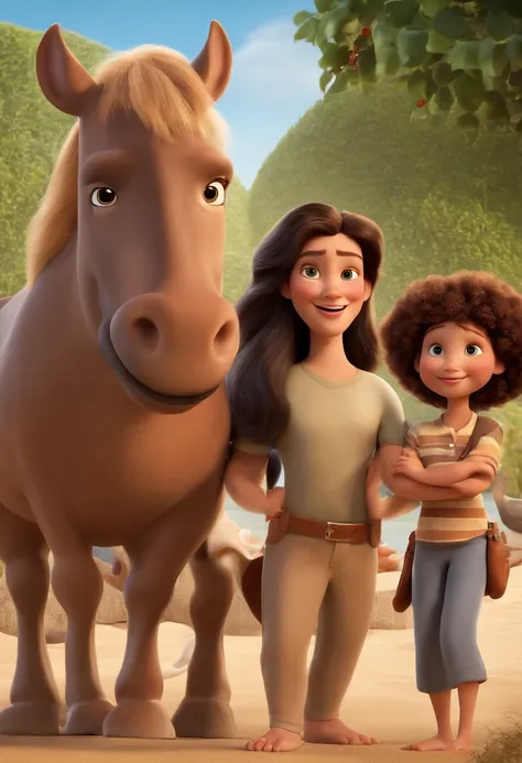 a Disney Pixar movie poster showing a white-skinned family. The father is the tallest, Tem barba curta, loiro, cabelos curtos e espinhosos. The mother has brown eyes and hair, shoulder-length and is slightly overweight. A menina tem 4 anos e cabelos castan...