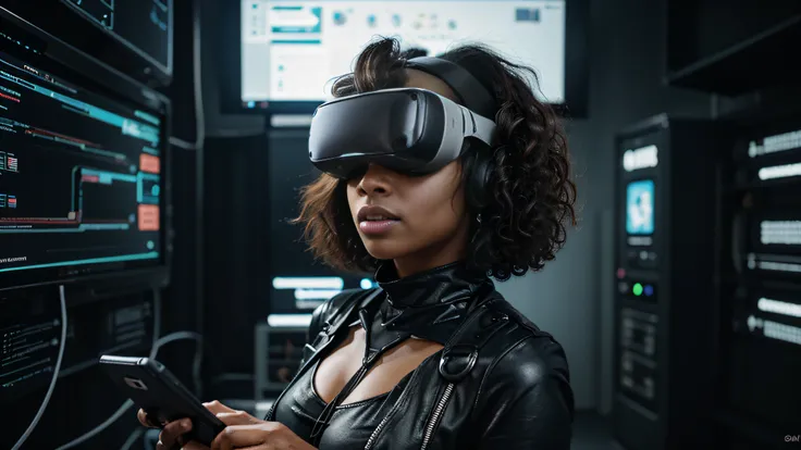 A black woman with curly hair immersed in the cyber and digital world of the metaverse, wearing virtual reality (VR) glasses. He is involved in a highly technological environment, with a futuristic aesthetic and elements of cyberspace around him