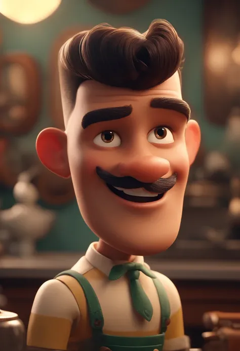 A Dream Barber Inspired by Pixar Animation, de perto. The character takes center stage with captivating facial expressions, oferecendo um toque de irrealidade, Cabelo curto e gordinho gradiente