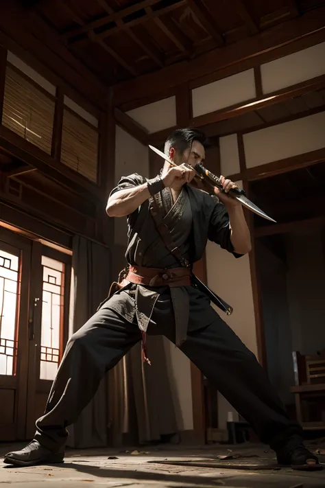 A man with a Chinese sword in both hands fights a zombie with a speed claw，The background is in a dilapidated house