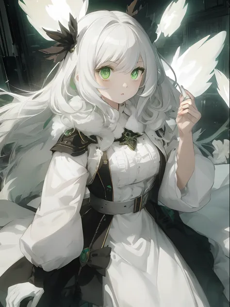 fluffy white hair,pale yellow-green eyes,dress sex,hollow eyes,in use