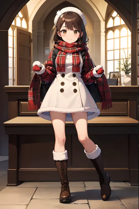 (absurdres, highres, ultra detailed, high resolution: 1.1), 1 girl, solo, wide angle, full body, large breasts, smile, brown hair, bright brown eyes, mittens, plaid scarf, duffel coat, corduroy shorts, thigh high socks, short boots, winter, snow, church, c...