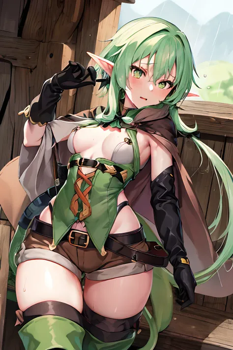 masutepiece, Best Quality, hight resolution, 1girl in, elf, pointy ear, Green hair, Long hair, side locks, Hair Bow, Small breasts, cloaks, Green eyes, Black Gloves, Brown shorts, green thighhighs, Short shorts, Belt bag,embarassed expression、((Caught by t...