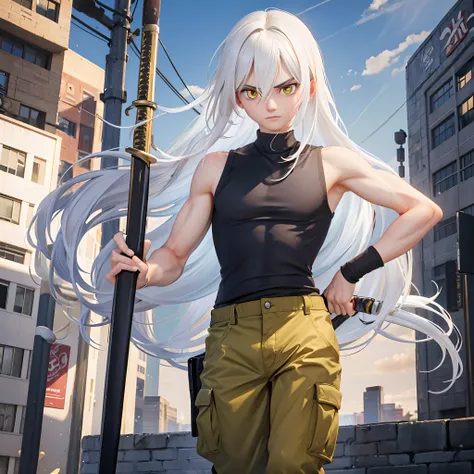 high quality image, a 25 year old man, sleeveless shirt, cargo trousers, carrying a long sword, long white hair, sharp yellow eyes, in the middle of a busy city