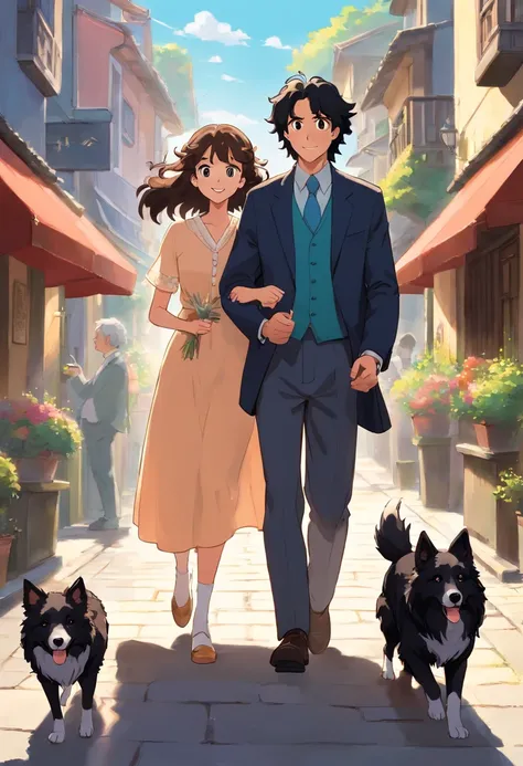 Ana and John are married. They are happily walking down the street with their two fully black adult Border Collie dogs. One of the dogs has a white tip. The woman Ana has curly brown hair. and the man John has straight black hair. Are they happy