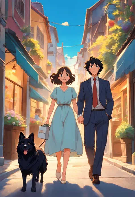 Ana and John are married. They are happily walking down the street with their two fully black adult Border Collie dogs. One of the dogs has a white tip. The woman Ana has curly brown hair. and the man John has straight black hair. Are they happy