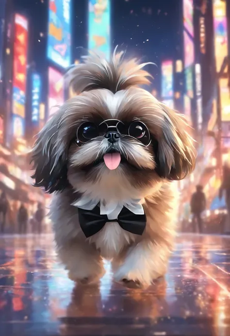 Theres a small shih tzu dog mixed in black and white colors with a bow tie and sunglasses, peluda bonita precisa de sua ajuda, Looking towards the camera, queixo pequeno, bonita, taken with sony a7r camera, olhar desleixado, Oi, monochrome black and white,...