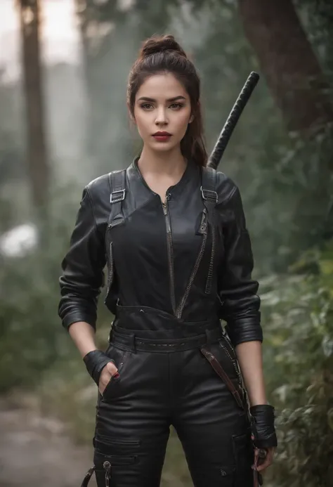 menina bonita , guerreiro, cabelos pretos longos, black leather overalls, Pose de combate, katana in hand, estilo cyberpunk , Estilo Cyber Samurai