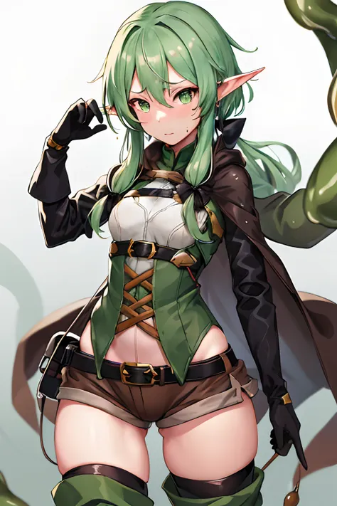 masutepiece, Best Quality, hight resolution, 1girl in, elf, pointy ear, Green hair, Long hair, side locks, Hair Bow, Small breasts, cloaks, Green eyes, Black Gloves, Brown shorts, green thighhighs, Short shorts, Belt bag,embarassed expression、((Caught by t...