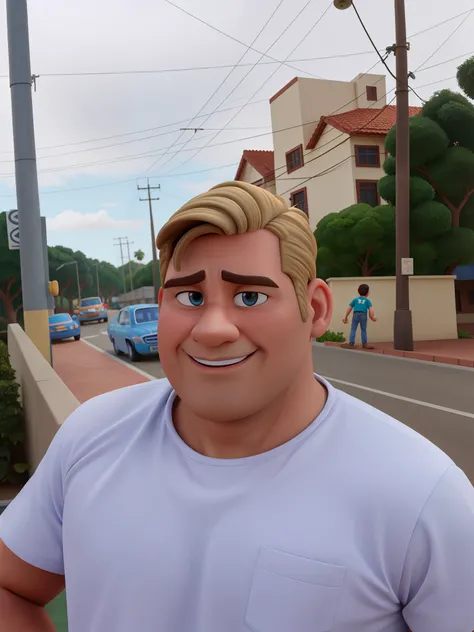 Homem jovem loiro acima do peso e o rosto redondo  no estilo Disney Pixar, alta qualidade, melhor qualidade