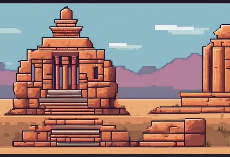 Pixel art image of a temple or ruins in a desert setting, image is split into two sections, left side shows temple or ruins with large pillar in center, pillar has hieroglyphs on it and blue vase at base, background is desert landscape with pink and orange...