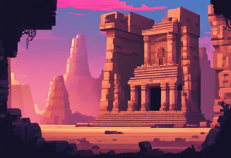 a close up of a video game with a tower and a man, ancient ruins background, neon ancient ruins, detailed game art, city ruins background, background is the ruins, 2 d game art, 2d game art, ultra detailed game art, background art, dungeon background, 2 d ...