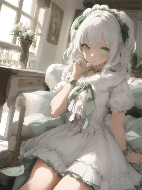 fluffy white hair,pale yellow-green eyes,dress sex,hollow eyes,ahe face