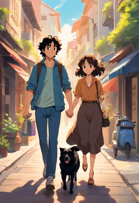 Ana and John are dating. They are happily walking down the street with their two fully black adult Border Collie dogs. The woman Ana has curly brown hair. and the man John has straight black hair. They are happy