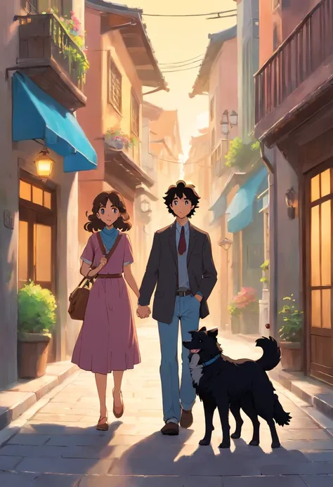 Ana and John are dating. They are happily walking down the street with their two fully black adult Border Collie dogs. The woman Ana has curly brown hair. and the man John has straight black hair. They are happy