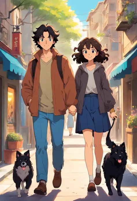 Ana and John are dating. They are happily walking down the street with their two fully black adult Border Collie dogs. The woman Ana has curly brown hair. and the man John has straight black hair. They are happy