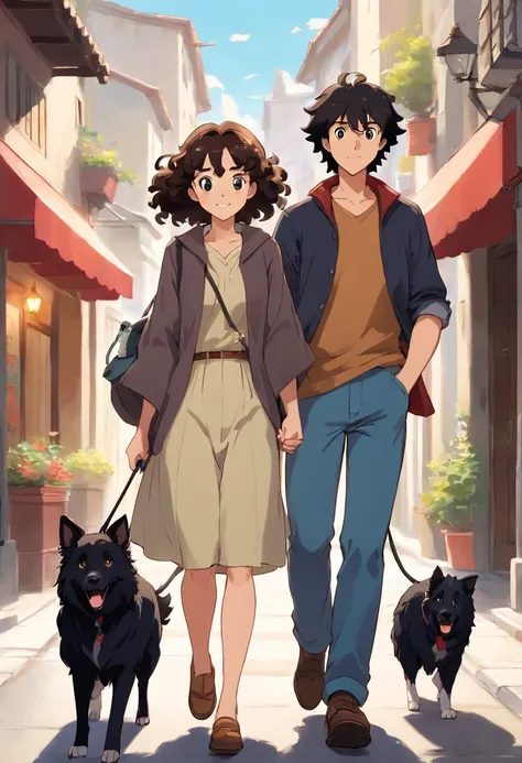 Ana and John are dating. They are happily walking down the street with their two fully black adult Border Collie dogs. The woman Ana has curly brown hair. and the man John has straight black hair. They are happy