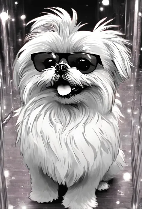 Theres a little shih tzu and Pomeranian mix dog mixed in black and white colors with a bow tie and sunglasses, The most beautiful and cutest Shih Tzu Ive ever seen, gordinha e feliz, peluda bonita precisa de sua ajuda, Looking towards the camera, queixo pe...