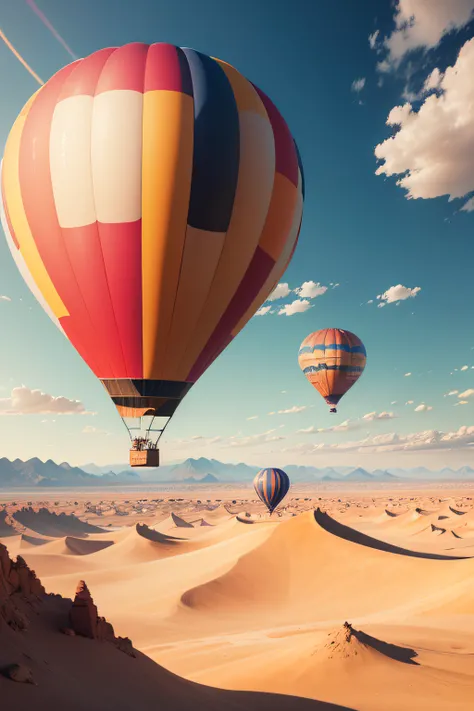 Two hot air balloons fly over the desert landscape，Fly over the desert oasis landscape，The background is mountains,beautiful sky，White clouds，rainbowing，4K Ultra HD, 超高分辨率, (Photorealistic: 1.4), Best quality，Masterpiece，（pastel colour：1.2）