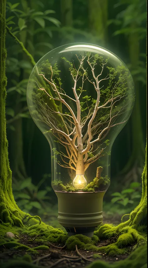 Forest and roots background, and a single main image of a not-so-bright yellow light bulb in the center, Inside this bulb a beautiful plant seedling, Alto contraste, Ghibli Style Studio, alta complexidade, altamente detalhado, Estilo fotorrealista