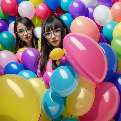 Araffe woman sitting in front of a wall of balloons, foto colorida, Globos, Imagem colorida, retrato cores felizes, vibrant aesthetic, Tiro na Nikon Z9, girl wearing round glasses, colorido, colorful backdrop, pastel colorido 3 d