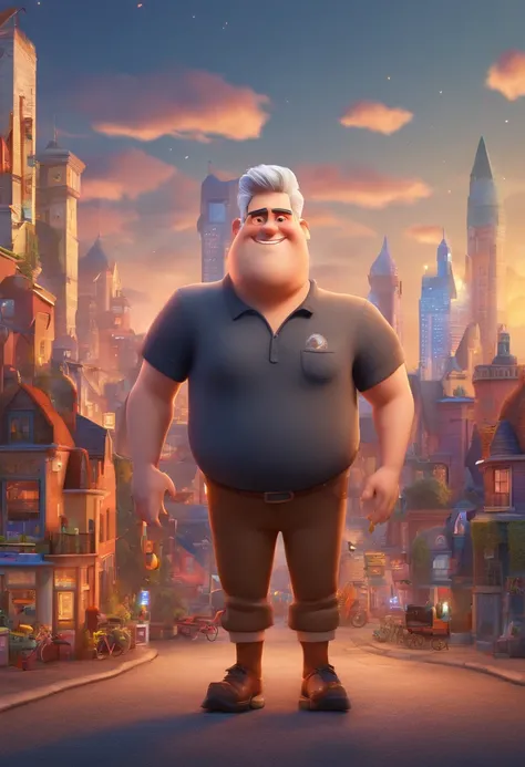 Pixar-style image with a chubby man, 35 years old, short hair, gray hair, neutral facial expression, brown eyes, wearing a black t-shirt, with a print with the Rolling Stones logo and a night city background.