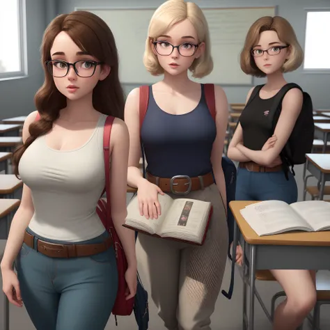 Create a Pixar Poster Style Character in 3D in 4K, with the title: 
"Dady" . The setting is a classroom with students.
The character is a white-skinned woman, rosto fino, nariz fino, magra, straight straight brown hair above the shoulders parted in the mid...