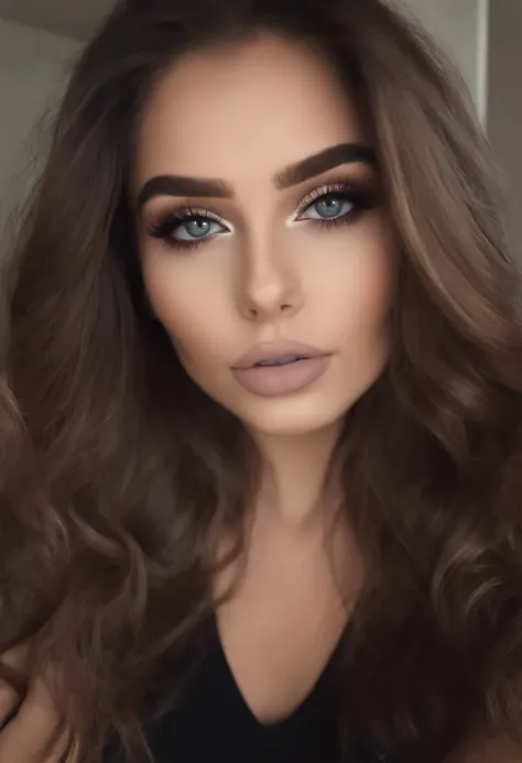 Femme arafed , fille sexy aux yeux bruns, Portrait Sophie Mudd, cheveux bruns et grands yeux, Selfie d’une jeune femme, Yeux de chambre, Violet Myers, sans maquillage, maquillage naturel, Regarder directement la caméra, Visage avec Artgram, Maquillage subt...