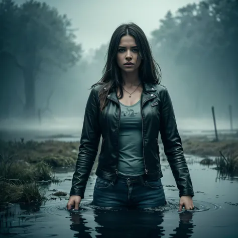 A woman in jeans and a leather jacket drowns in a swamp, Loss of Hope for Salvation,(Best Quality,4k,8K,hight resolution,Masterpiece:1.2),Ultra-detailed, (Realistic,Photorealistic,photo-realistic:1.37), Intrusive atmosphere, dark and gloomy, dramatic  ligh...