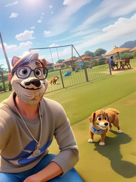 Um homem, e um cachorro no estilo Disney pixar, alta qualidade, melhor qualidade, lugar bonito com sol iluminado cachorro bem feliz