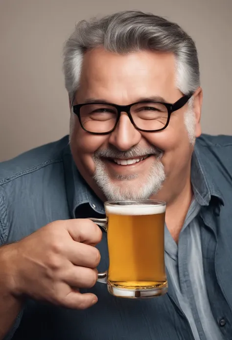 Fat man without beard gray hair with a mug of beer without glasses smiling